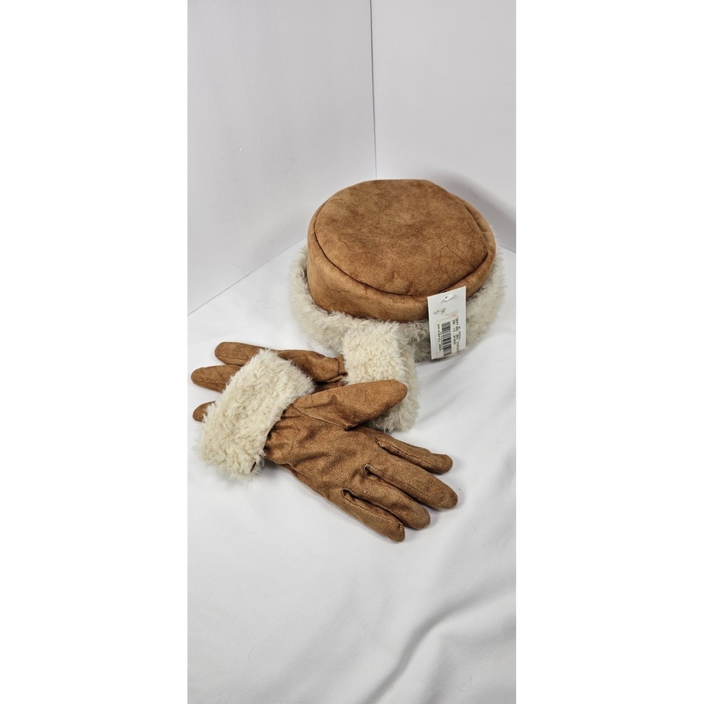 Céjon Faux Suede Sherpa Trim Hat & Gloves Set Tan Winter One Size Cozy Warm